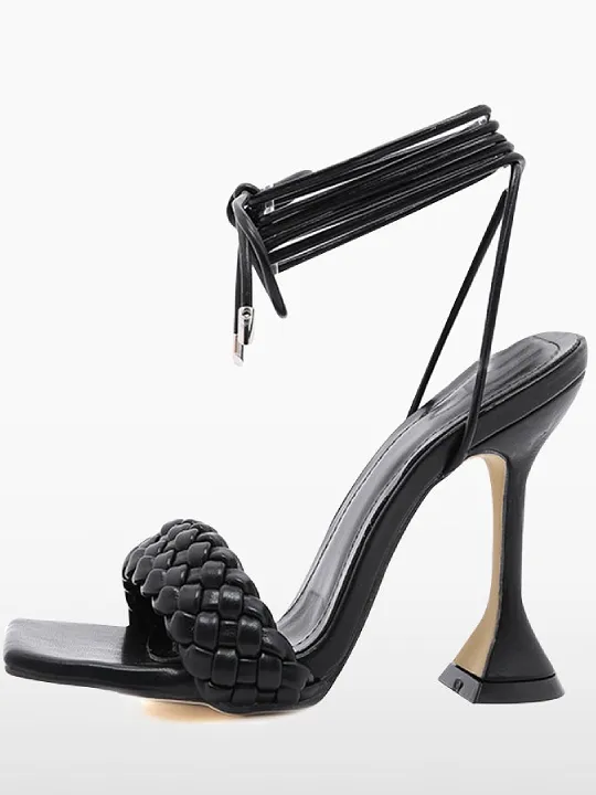 Ankle Strap Sandals Open Square Toe Hoof Heel