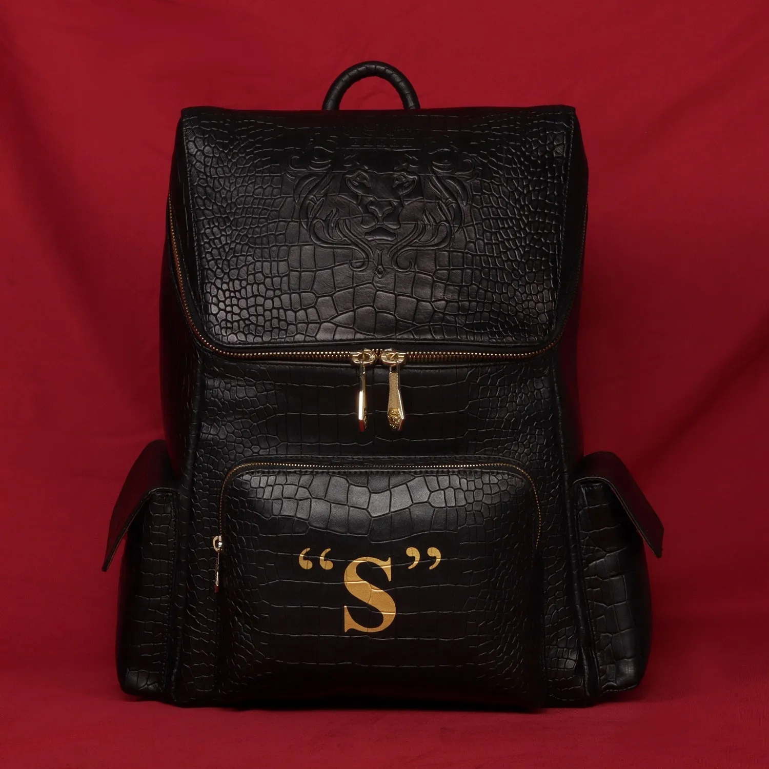 Bespoke S Hand-Painted Initial Embossed Lion Top Opening Black Croco Print Leather Backpack By Brune and Bareskin