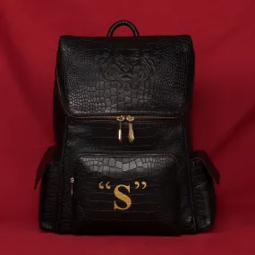 Bespoke S Hand-Painted Initial Embossed Lion Top Opening Black Croco Print Leather Backpack By Brune and Bareskin