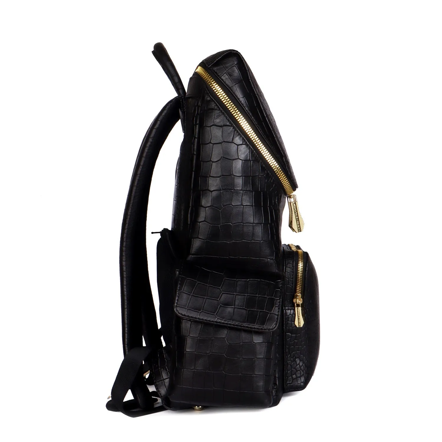 Bespoke S Hand-Painted Initial Embossed Lion Top Opening Black Croco Print Leather Backpack By Brune and Bareskin