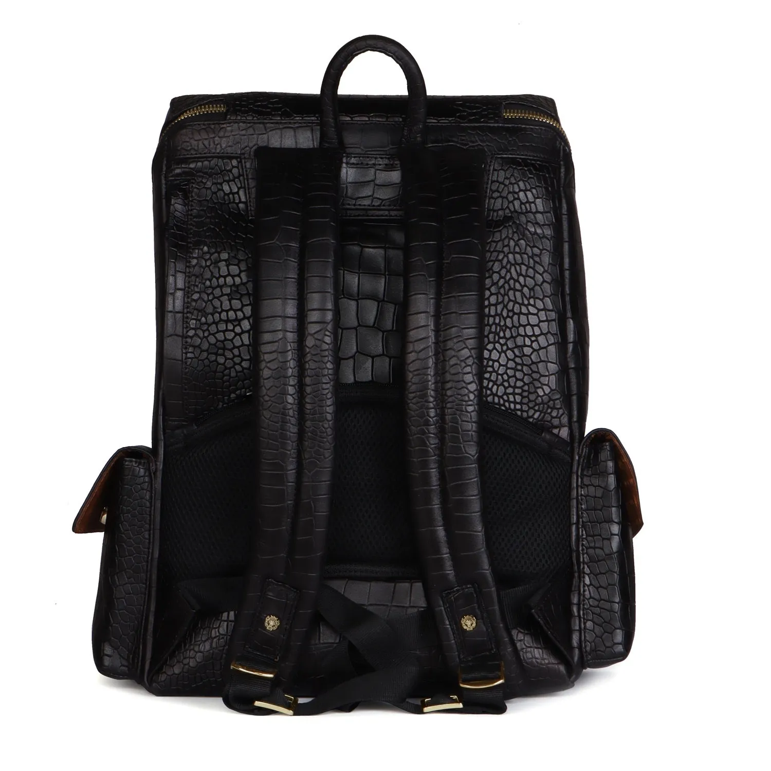 Bespoke S Hand-Painted Initial Embossed Lion Top Opening Black Croco Print Leather Backpack By Brune and Bareskin