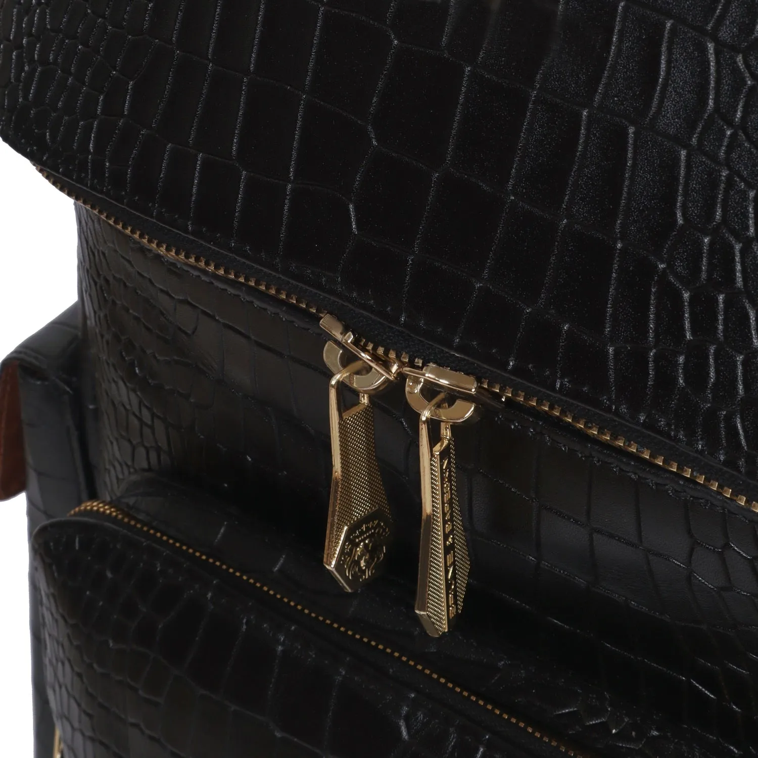 Bespoke S Hand-Painted Initial Embossed Lion Top Opening Black Croco Print Leather Backpack By Brune and Bareskin