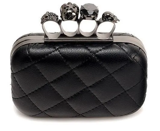 Black Quitled Diamante Gemstones Skulls Ring Evening Clutch Purse Jewelry Box