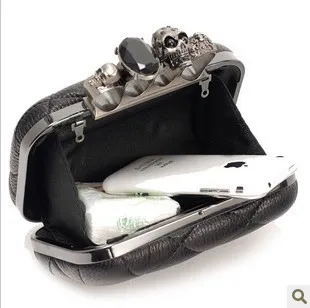 Black Quitled Diamante Gemstones Skulls Ring Evening Clutch Purse Jewelry Box