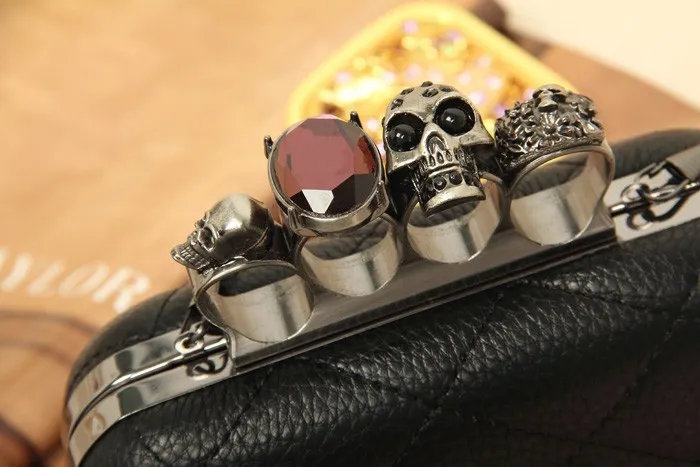 Black Quitled Diamante Gemstones Skulls Ring Evening Clutch Purse Jewelry Box