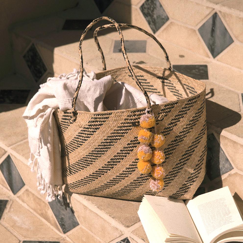 Borneo Sani Stripes Straw Tote Bag - With Marigold Tiered Pom-Poms