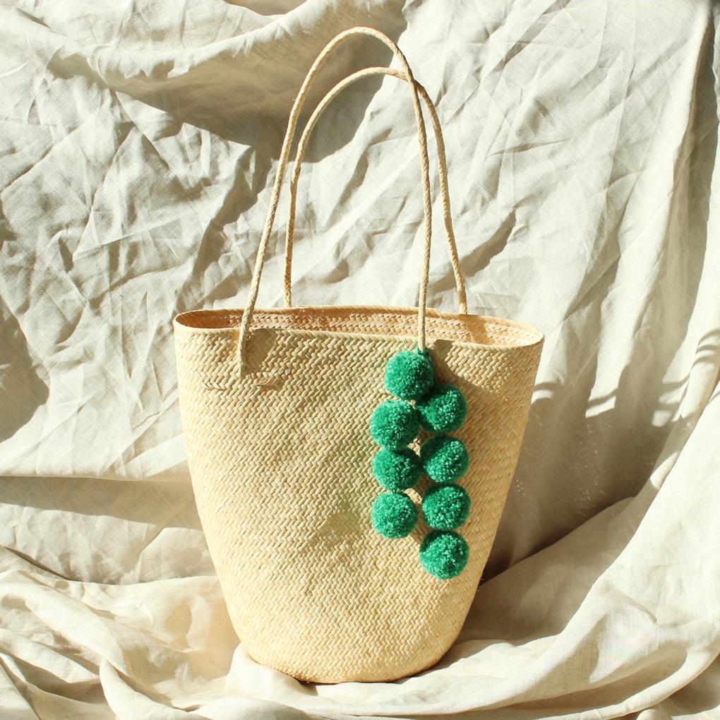 Borneo Serena Straw Tote Bag With Green Pom-Poms