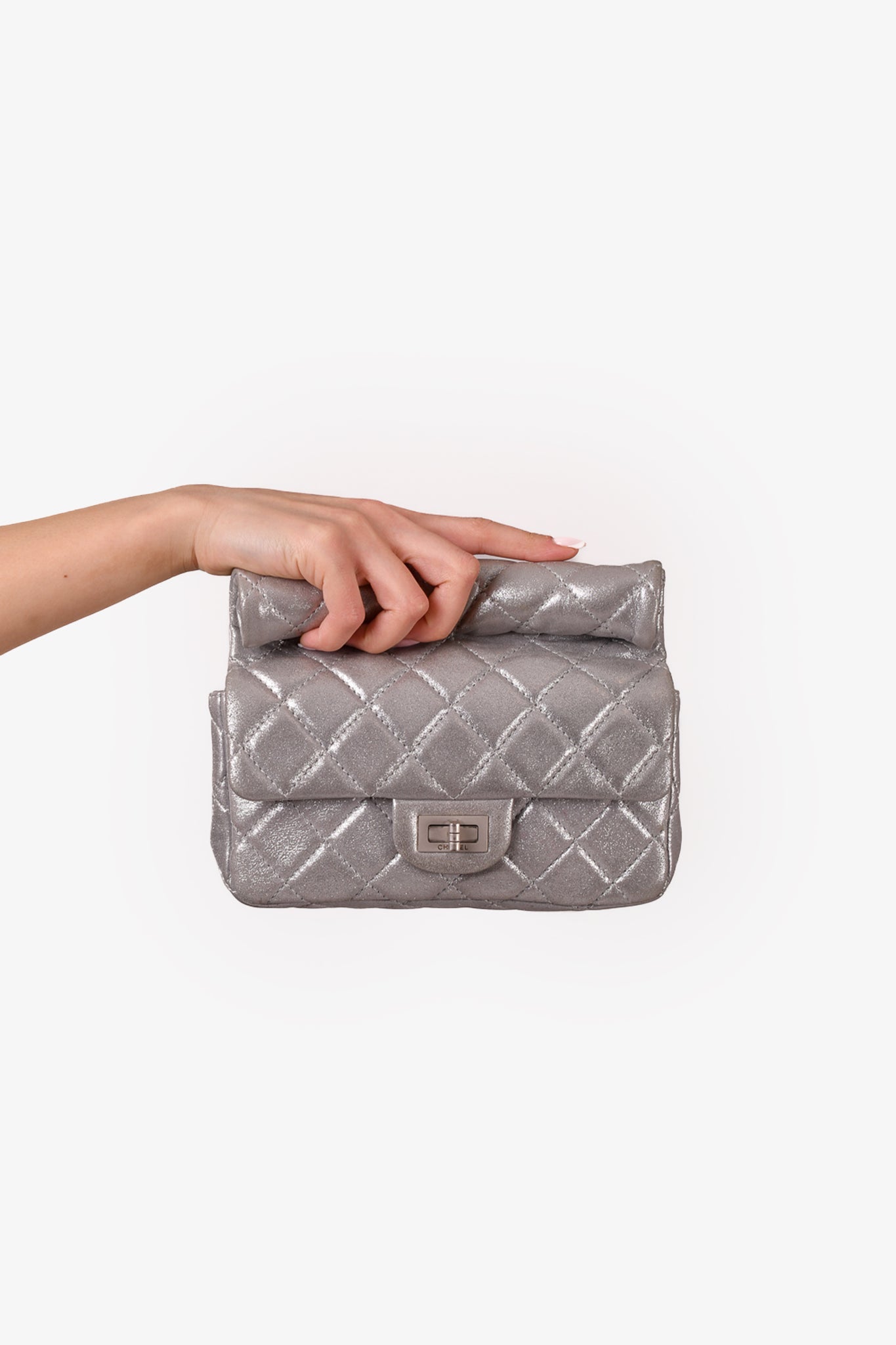 Chanel 2012 Silver Quilted Fabric Roll Reissue Clutch