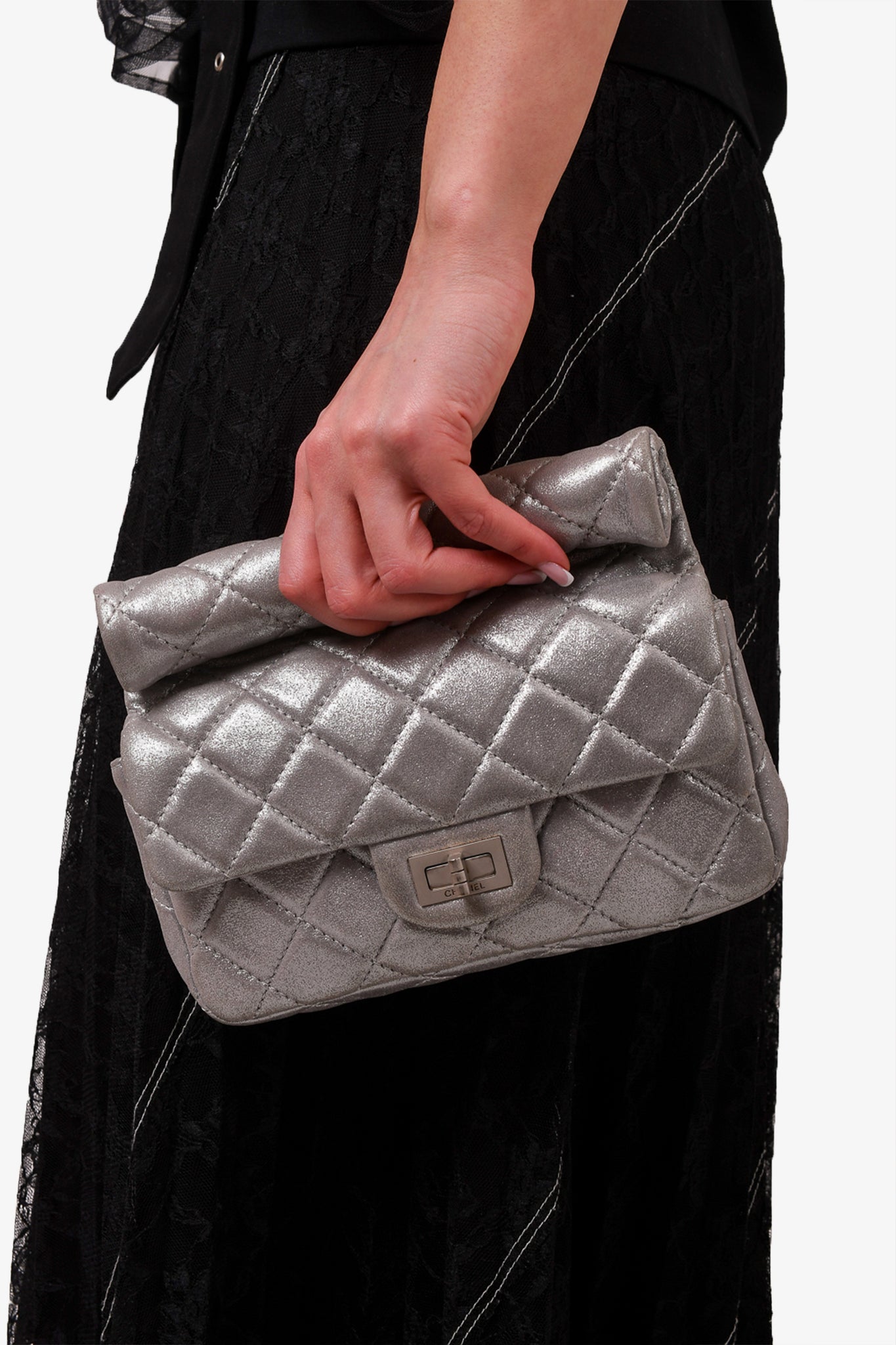 Chanel 2012 Silver Quilted Fabric Roll Reissue Clutch