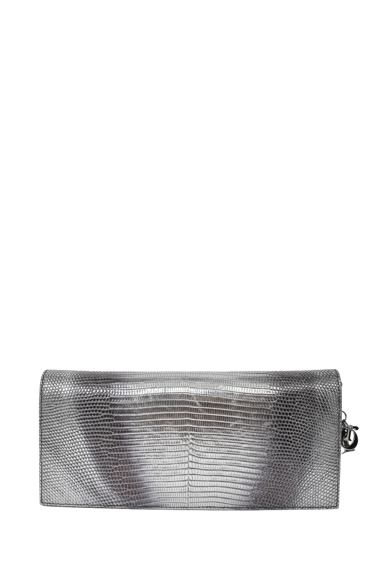 Christian Dior Metallic Grey Lizard Embossed Leather Clutch w/ Chain