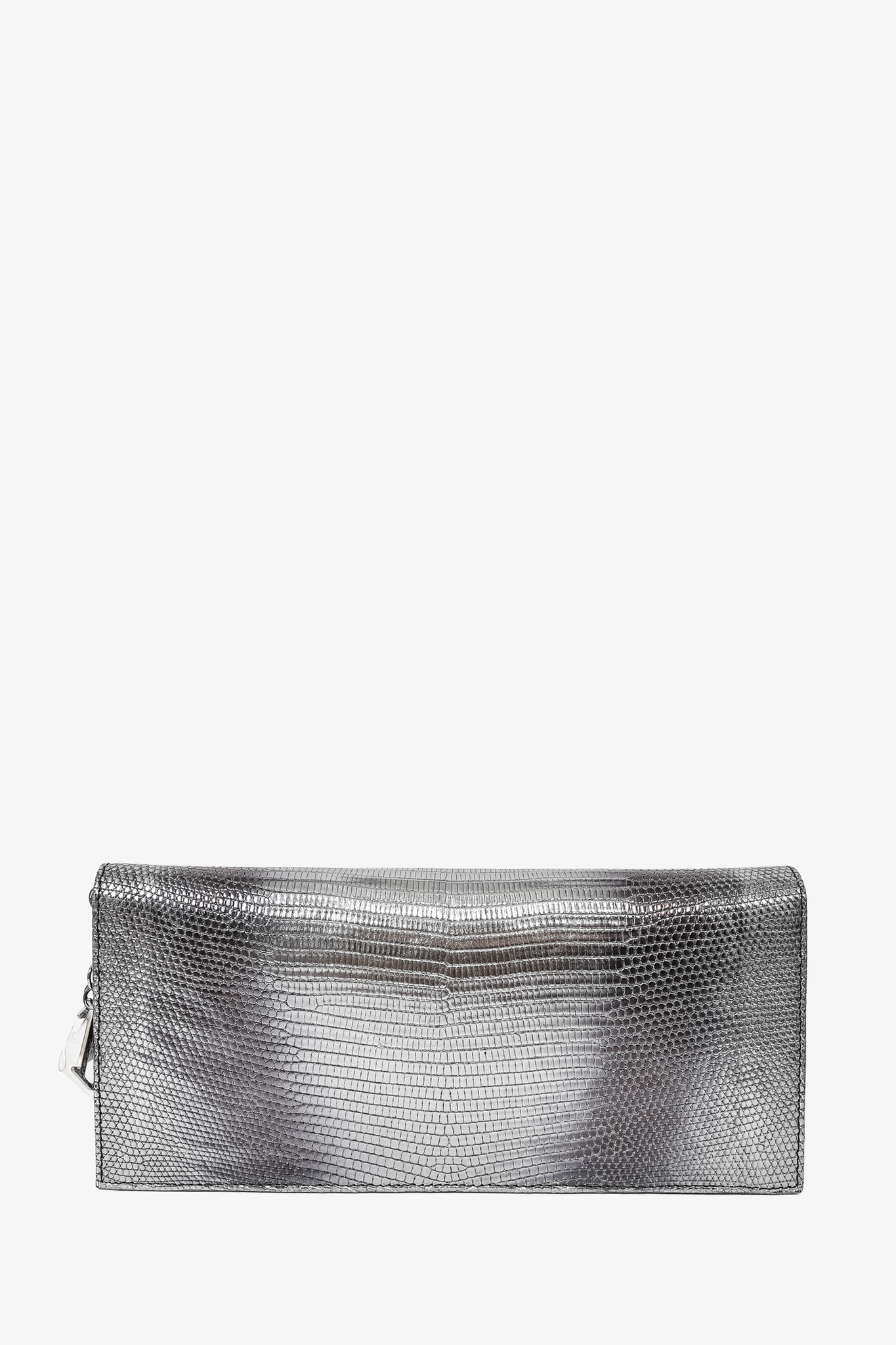 Christian Dior Metallic Grey Lizard Embossed Leather Clutch w/ Chain