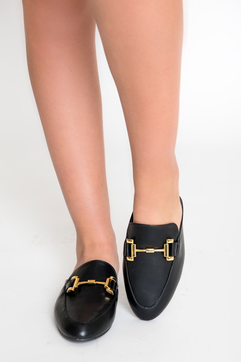 Clara Gold Buckle Mules - Black