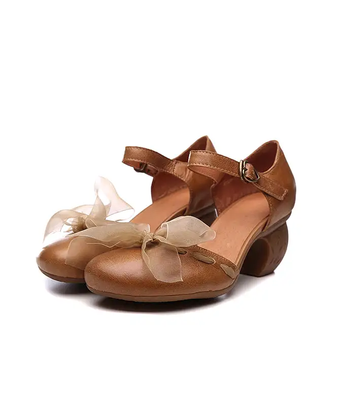 Classy Brown Chunky Cowhide Leather Bow Buckle Strap High Heels SL1007