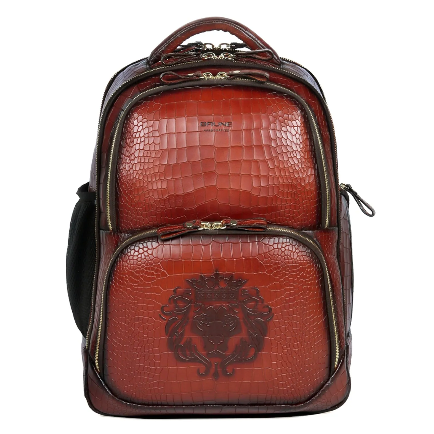 Embossed Lion Tan Leather Backpack Croco Textured Super Functional Multi pockets By Brune & Bareskin