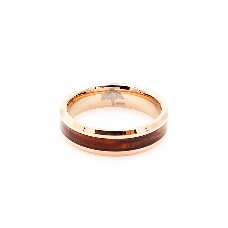 Koa Wood Rose Gold Tungsten Ring Beveled 6mm