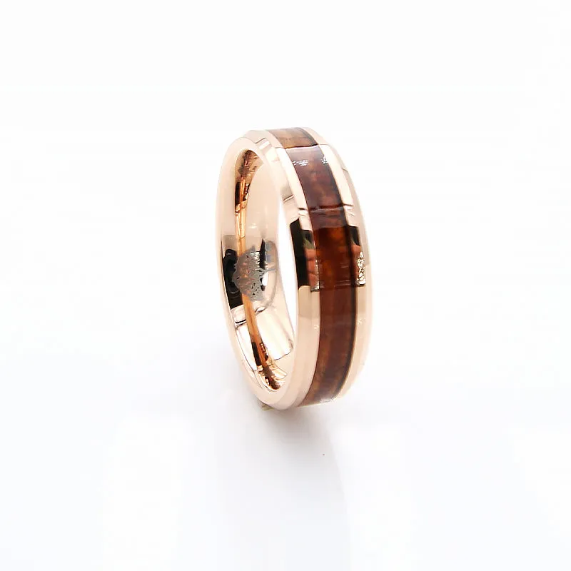 Koa Wood Rose Gold Tungsten Ring Beveled 6mm