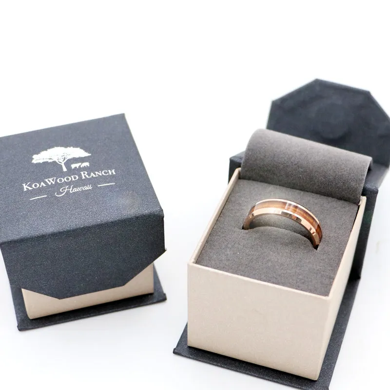 Koa Wood Rose Gold Tungsten Ring Beveled 6mm