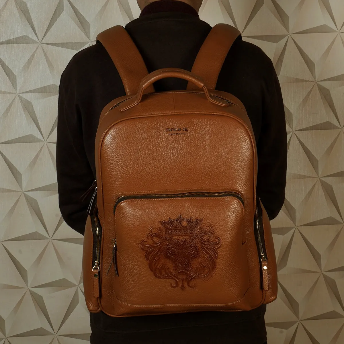 Perfect Handmade Large Tan Backpack Textured Leather Signature Lion by Brune & Bareskin