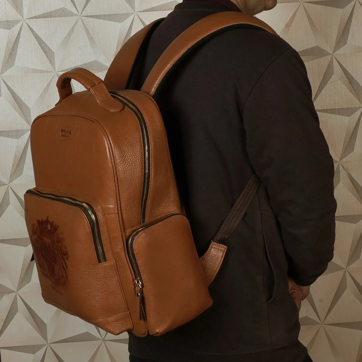 Perfect Handmade Large Tan Backpack Textured Leather Signature Lion by Brune & Bareskin