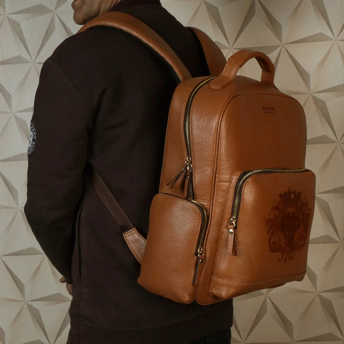 Perfect Handmade Large Tan Backpack Textured Leather Signature Lion by Brune & Bareskin