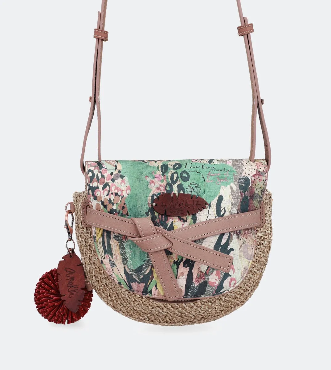 Printed raffia crossbody bag with a front flap