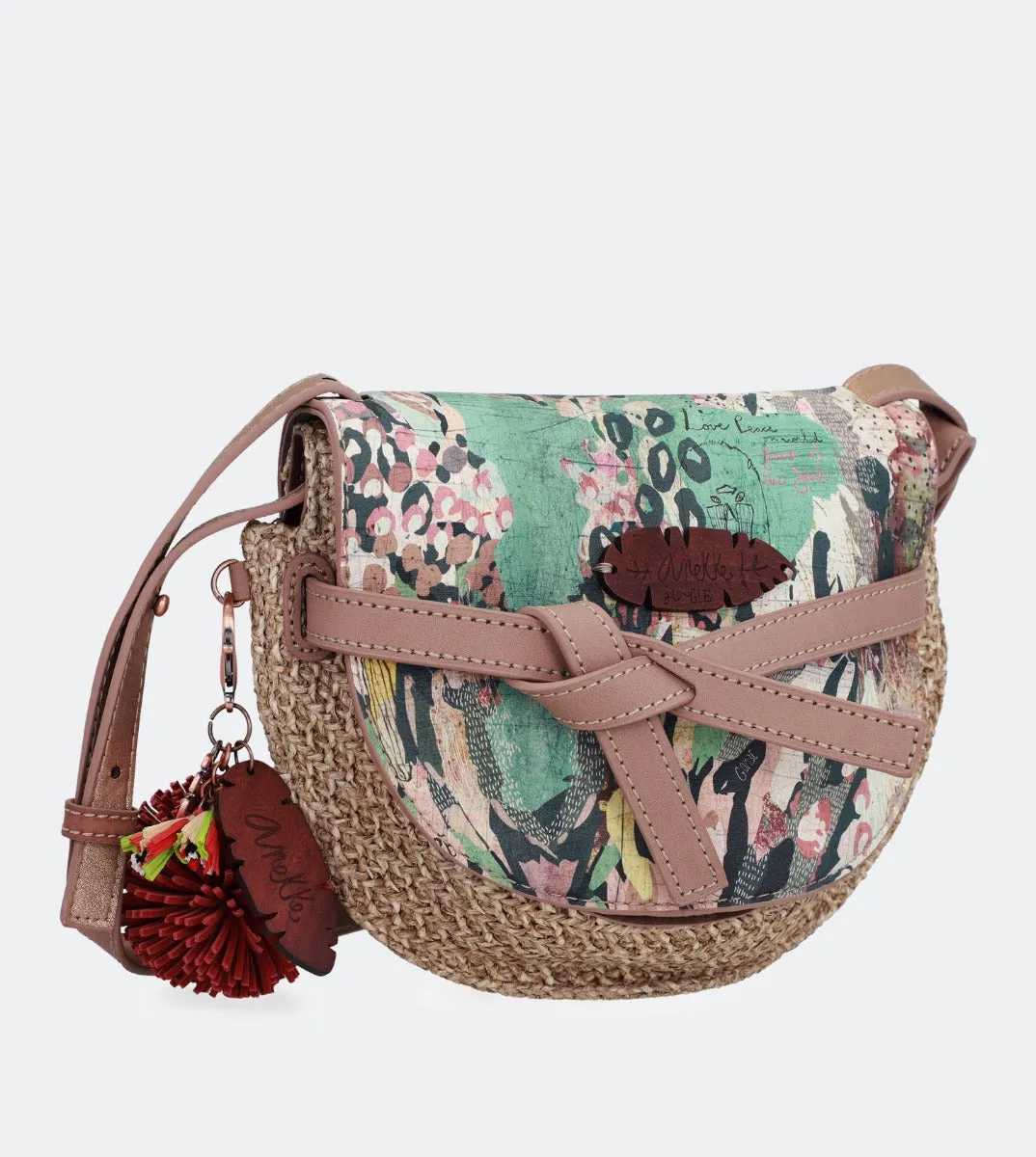 Printed raffia crossbody bag with a front flap