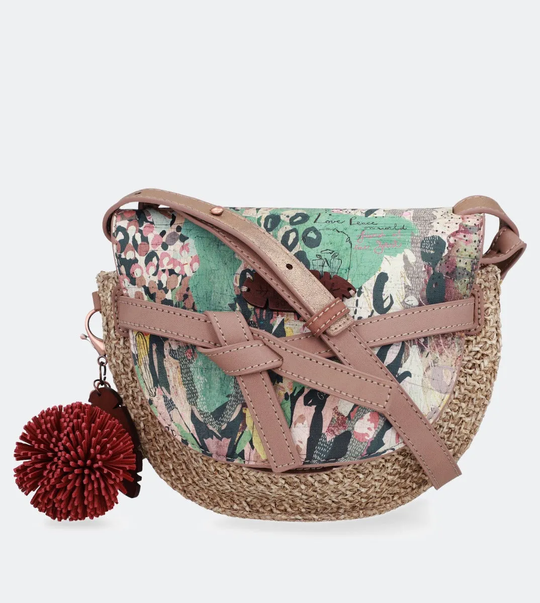 Printed raffia crossbody bag with a front flap