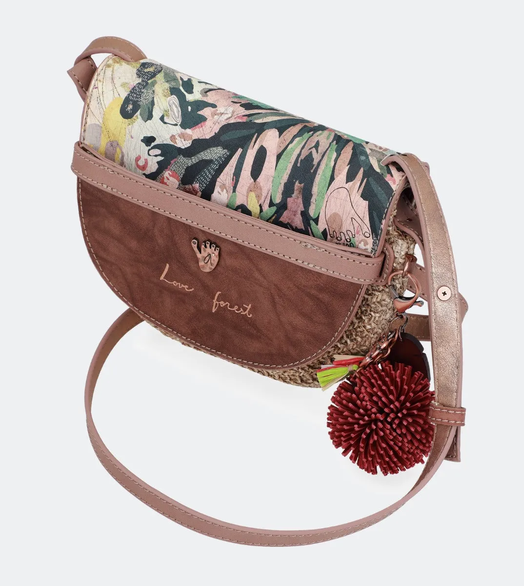 Printed raffia crossbody bag with a front flap