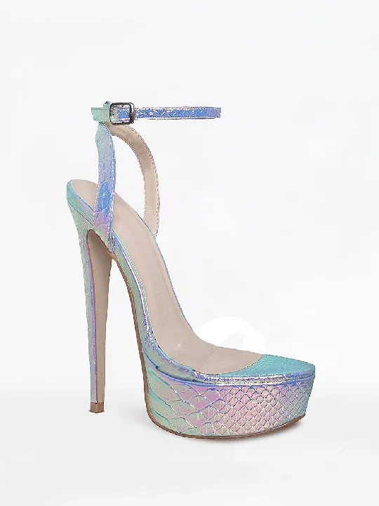 Rainbow Mermaid Snake Print Platform Ankle Buckle Strap High Heels