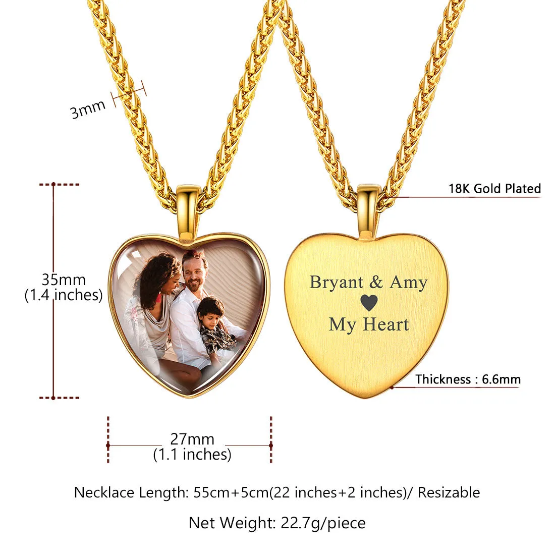 U7 Jewelry Custom Heart Picture Necklace Photo Pendant