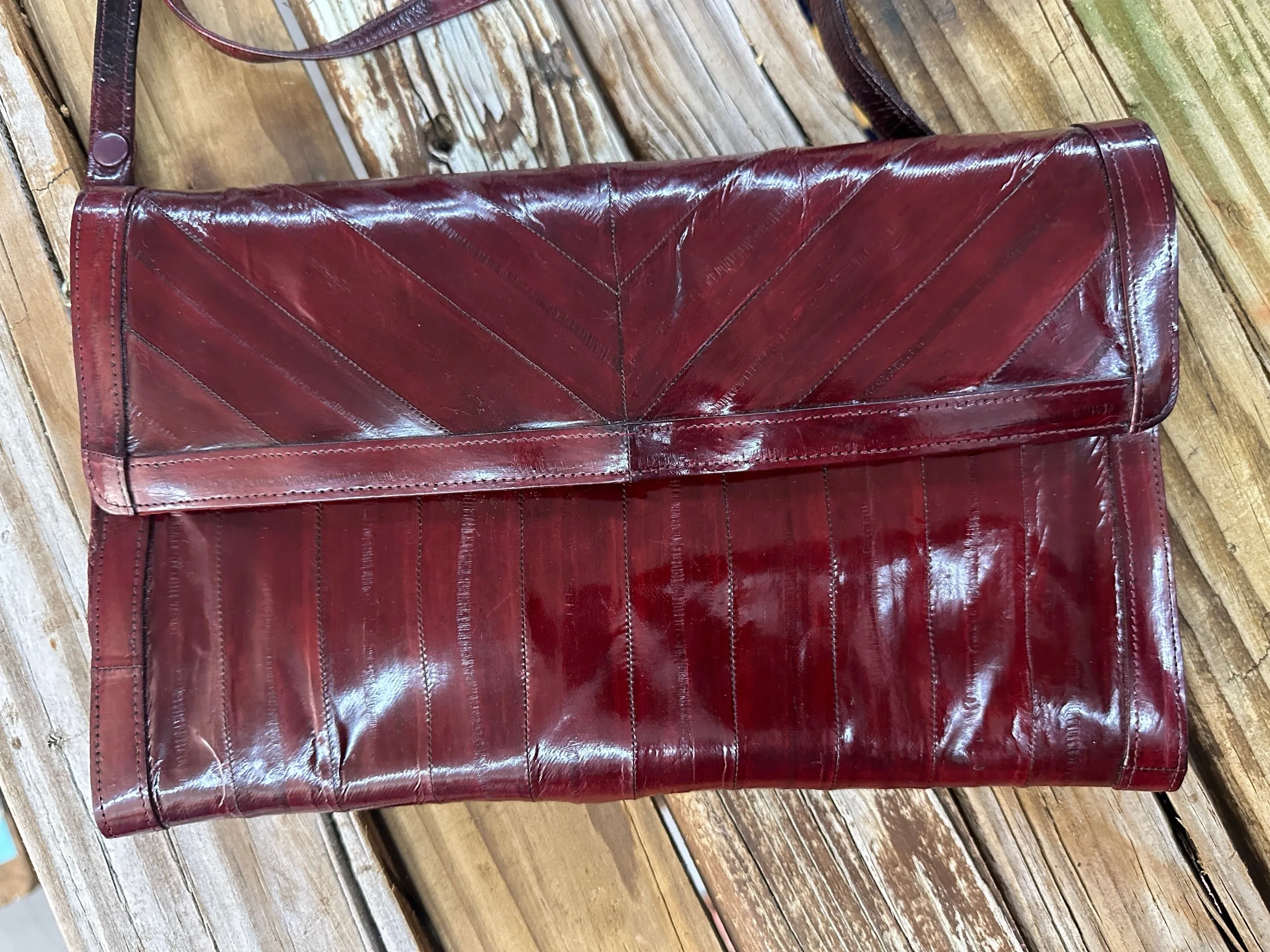 Vintage Burgundy Red Eel Skin Leather Cross Body Purse &/or Clutch