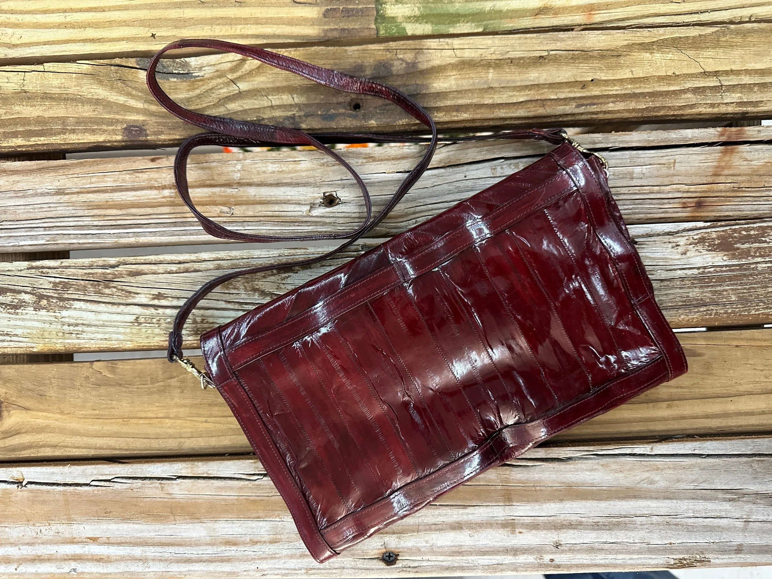 Vintage Burgundy Red Eel Skin Leather Cross Body Purse &/or Clutch