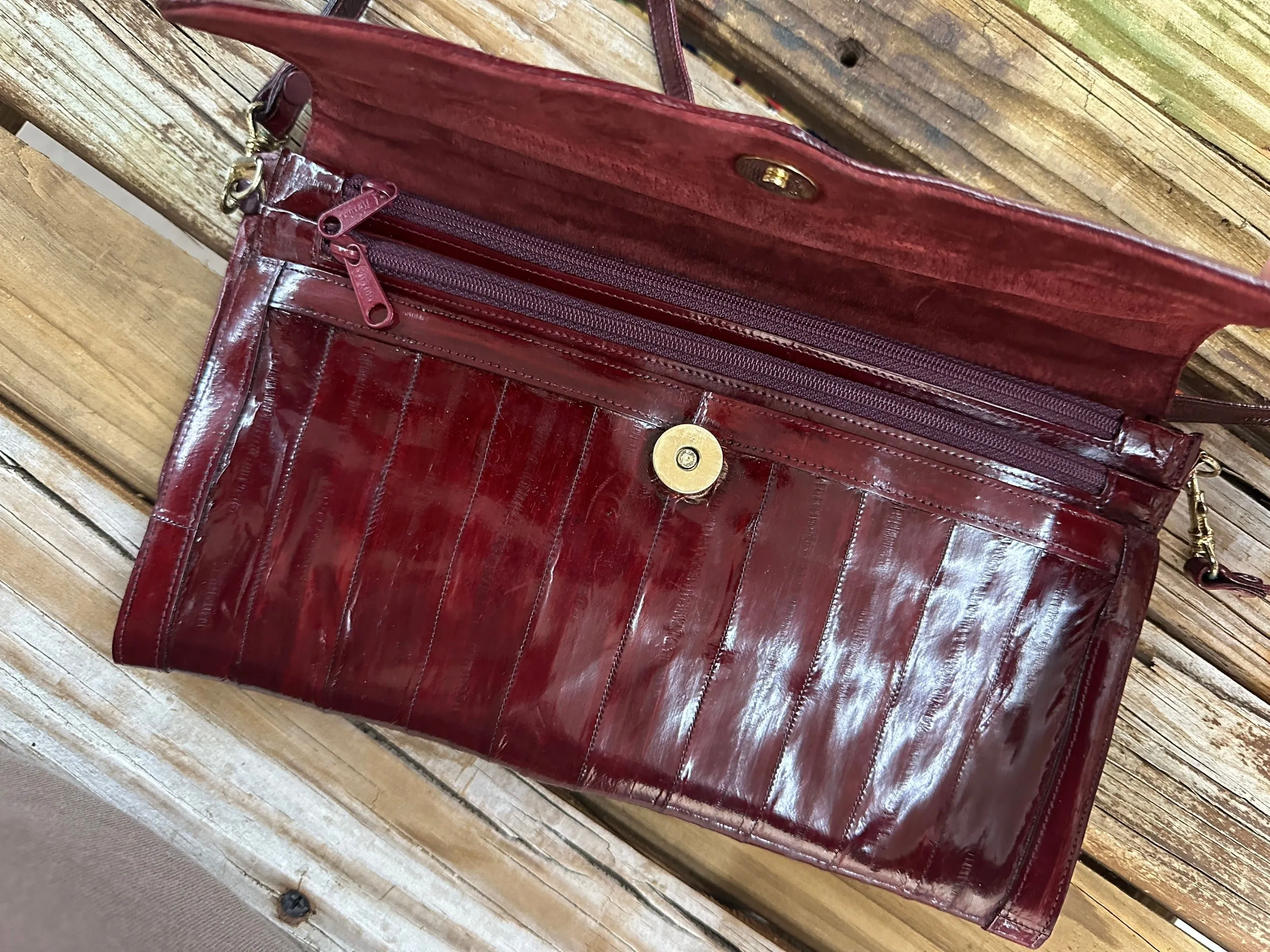 Vintage Burgundy Red Eel Skin Leather Cross Body Purse &/or Clutch