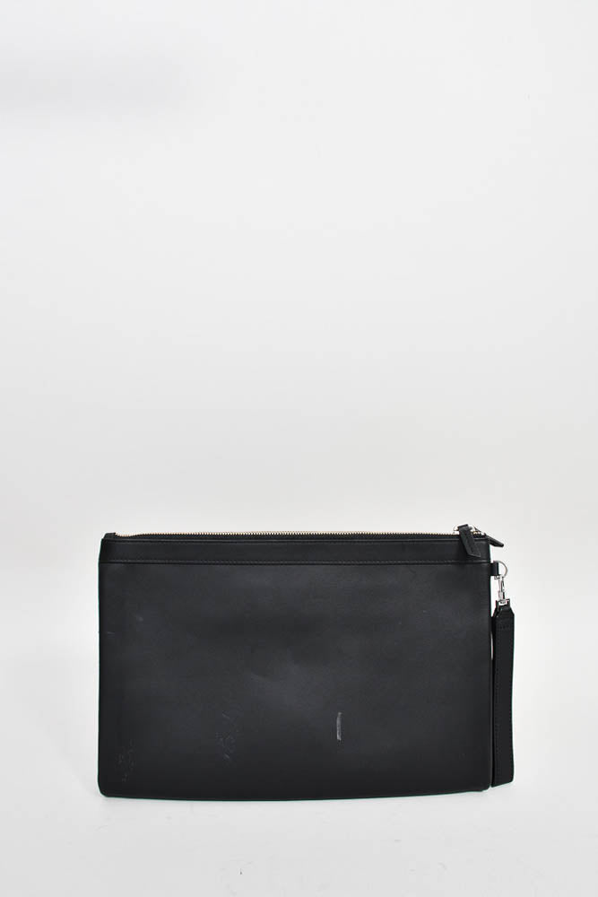 Want Les Essentials Black Leather/Fabric Weaved Double Zip Clutch