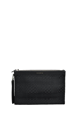 Want Les Essentials Black Leather/Fabric Weaved Double Zip Clutch