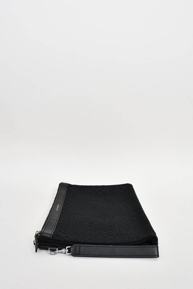 Want Les Essentials Black Leather/Fabric Weaved Double Zip Clutch