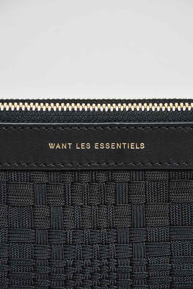 Want Les Essentials Black Leather/Fabric Weaved Double Zip Clutch