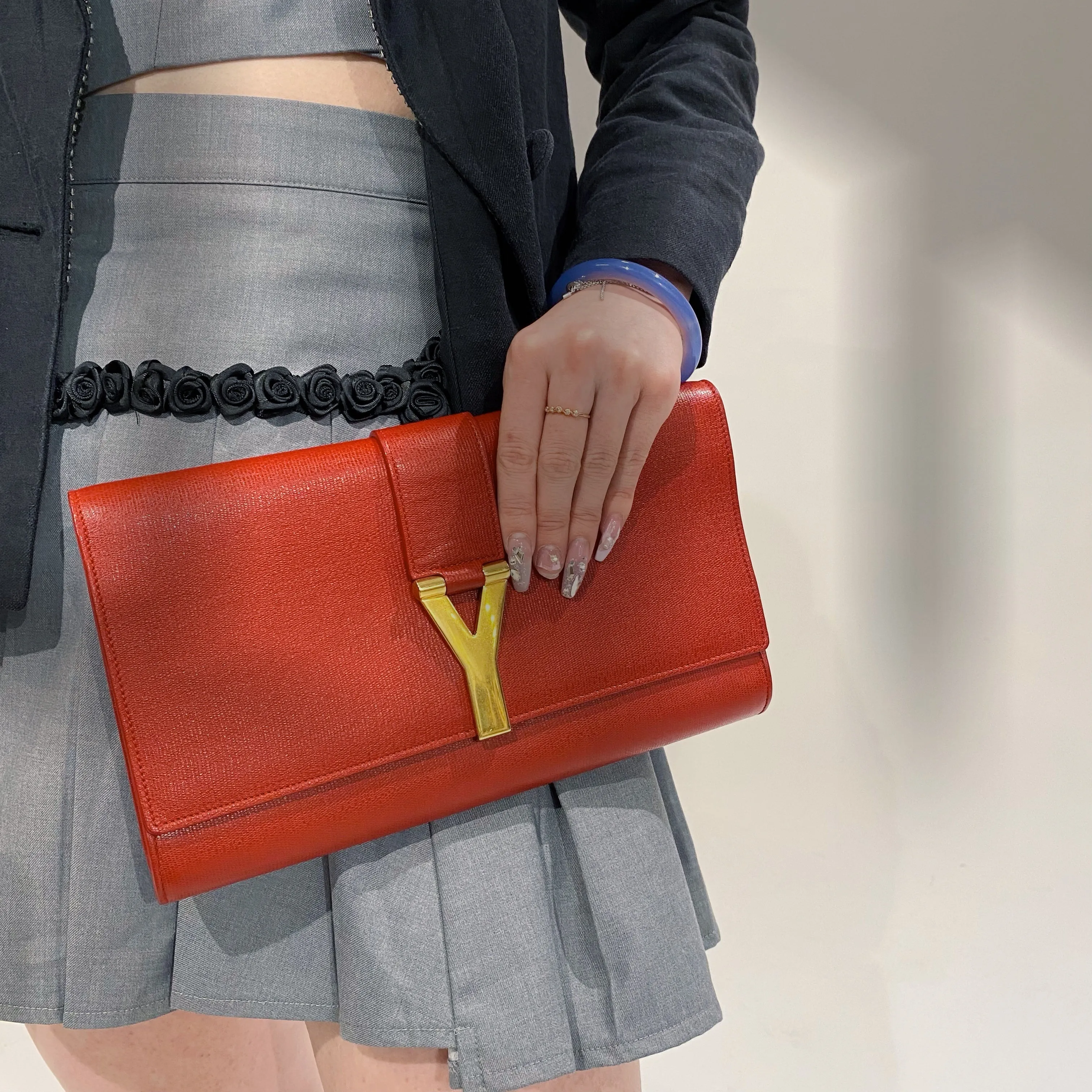 Yves Saint Laurent Red Textured Leather Y-ligne Clutch