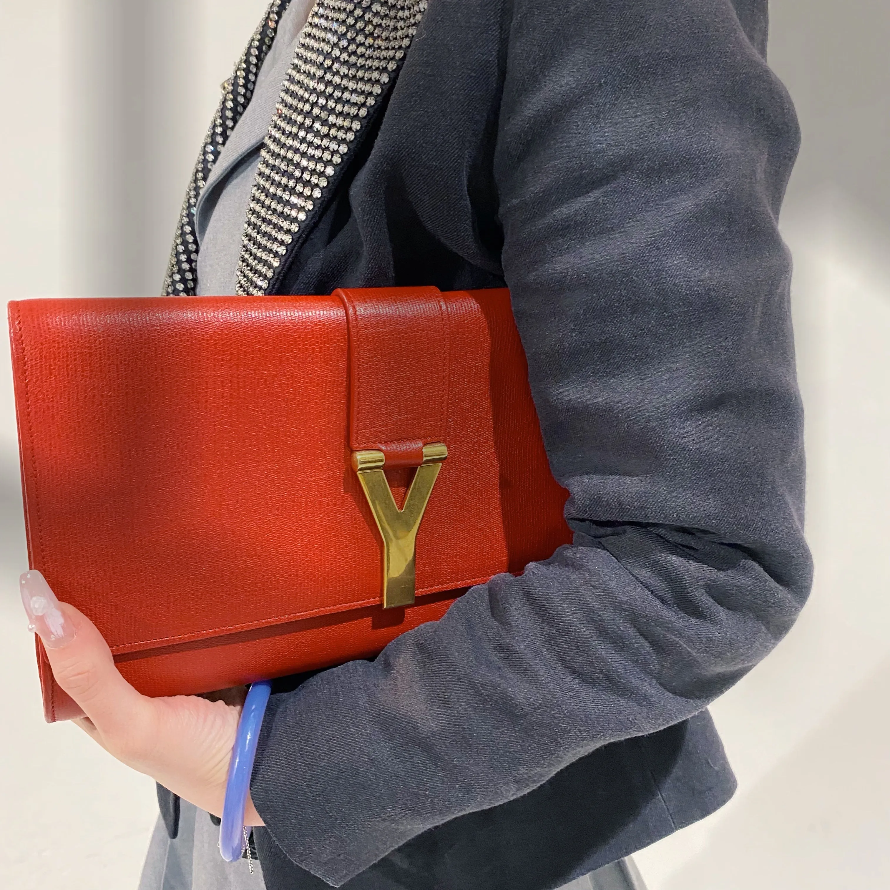 Yves Saint Laurent Red Textured Leather Y-ligne Clutch